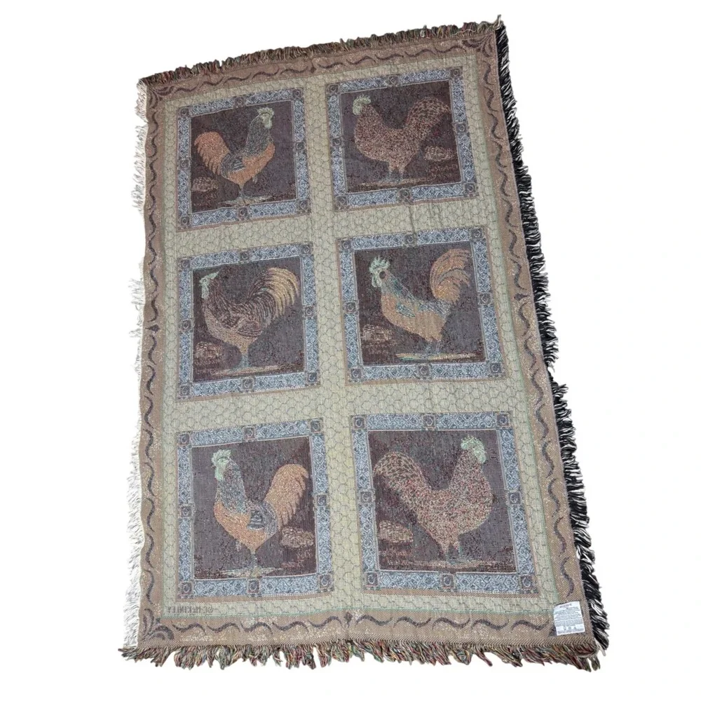 Mohawk Home Rooster Throw Blanket Unisex OS Brown Excellent Woven Cotton Fringed